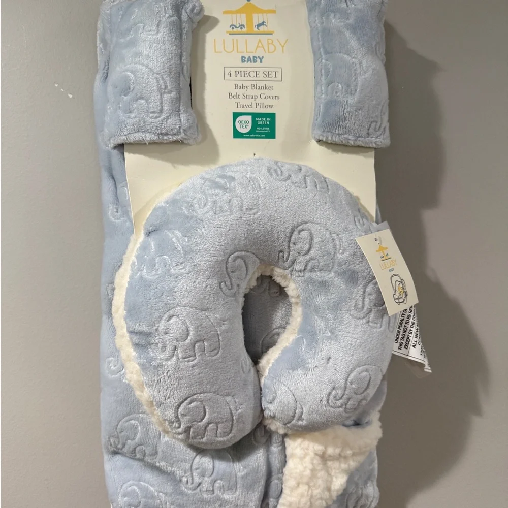 4 Piece Baby Blue Elephant Blanket Set
